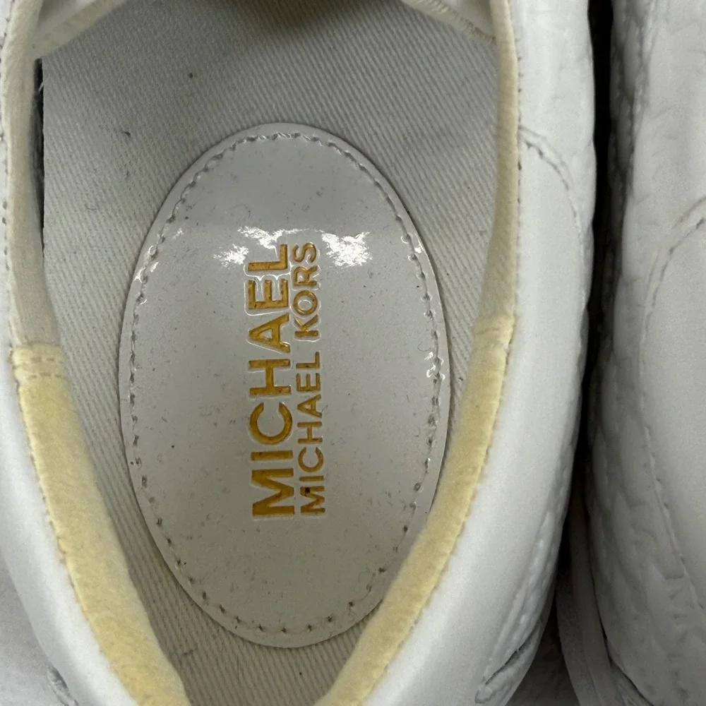 NEW Michael Kors Keaton White Leather Embossed MK Logo Sneakers Gold Hardware 7M